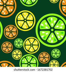 Seamless pattern with slices of orange, lime and lemon on a white background. Vector. Suitable for fabric, wrapping paper, menus, dishes, napkins, cases for smartphones.