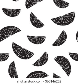 Seamless pattern with slices of orange on white background. Vector illustration