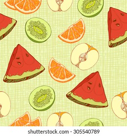 seamless pattern of  slices of oranges, apples, kiwi and watermelon