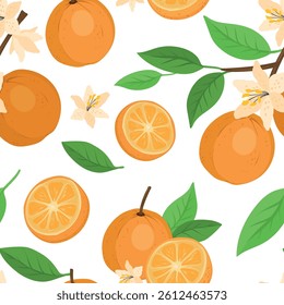 Seamless pattern with slices of oranges, Orange leaves, Orange brunch and flowers
