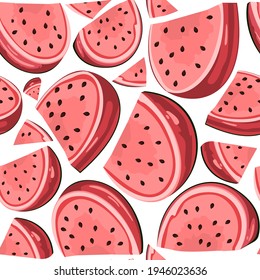 Seamless pattern with slices of pink watermelon in cartoon style. Summer print. Isolated object. Berries from the collective farm. Organic food. Vector