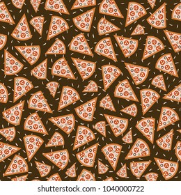 Seamless pattern slices of pizza with the background dash-vector illustration. The dark brown background. Flat pizza slices of different sizes in a chaotic manner.