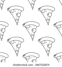 A seamless pattern with slices of pizza. Fast food doodle. Wrapping paper template.