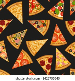Seamless pattern with slices of pizza on black background. Pizza menu. For packaging, advertisements, menu. Vector illustration. Realistic.