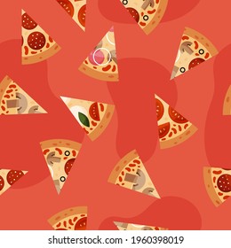 Seamless pattern with slices pizza pepperoni, tomatoes, onions, olives, mushrooms, ham. Italian fast food. Vector illustration.
