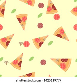 Seamless pattern slices of pizza, salami,tomatoes, mushrooms and Basil