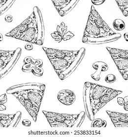 Seamless pattern of slices of pizza with sausage doodle. Italian cuisine