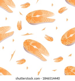 Seamless pattern of slices of red fish. Vector illustration isolated on a white background. Texture for fabrics, textiles, menus, packaging, website, etc.