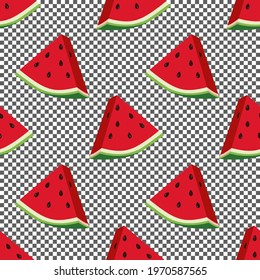 Seamless pattern with slices of red watermelon on a transparent background. The background can be changed to any color. Vector illustration for decorating fabrics, napkins, wallpaper, wrapping paper