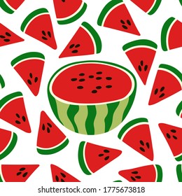 Patrón sin foco con rodajas de sandías rojas. Repetiendo interminables elementos. Frutas jugosas y sabrosas para una impresión de verano. Antecedentes para textiles, embalajes, postales, etc.