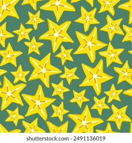 Seamless pattern slices of ripe carambola fruit on green background - vector color flat illustration for packaging, textile, wallpaper