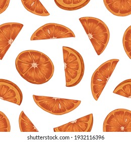 Seamless pattern with slices and sections of orange fruit on white background. Endless repeatable design for printing and decoration. Hand-drawn detailed vector illustration for wrapping