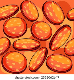 Fatias de padrão sem emenda de pepperoni picante, enfatizando sua textura salgada. Ideal para coberturas de pizza, embalagens de alimentos e temas culinários. Ilustração vetorial.