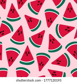 Seamless pattern with slices of sweet red watermelons on a pink background. Repeating endless elements. Juicy and tasty fruits for a summer print. Bright colorful illustration.
