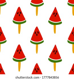 Seamless pattern with slices of sweet red watermelons on a stick. Repeating endless elements. Juicy and tasty fruits for a summer print. Bright colorful illustration.