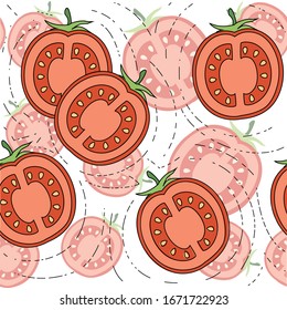 Seamless pattern of slices of tomato with green leaves flat vector illustration on white background
