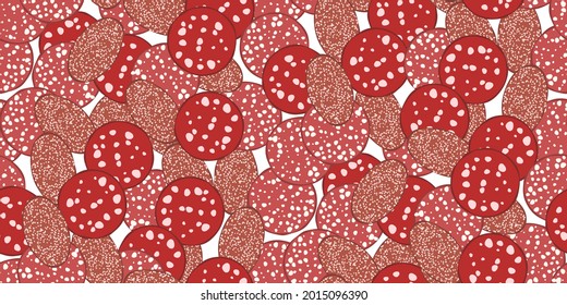 Seamless pattern with slices of various salami sausage on white background. Top view meal. Cartoon flat style. Vector illustration