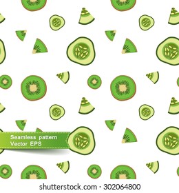 Seamless pattern with slices of vegetables. Cucumber and kiwi on a white background. A healthy diet, vegetarianism and detox. Vector illustration.