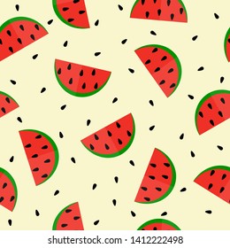 Seamless pattern with slices of watermelon and black seeds. Ideal for textiles, packaging, paper printing, simple backgrounds and textures.