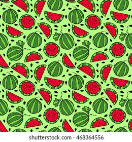 Seamless pattern of slices of watermelon. Colorful vector illustration for kids.