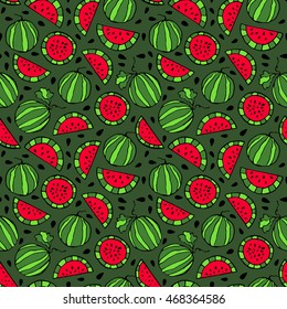 Seamless pattern of slices of watermelon. Colorful vector illustration for kids.