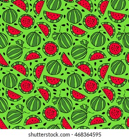 Seamless pattern of slices of watermelon. Colorful vector illustration for kids.