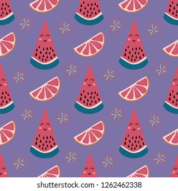 Seamless pattern with slices of watermelon, cute faces and grapefruits. Great for textile print, invitations, or packaging. Vector file.