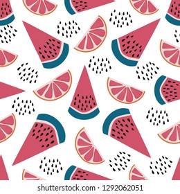 Seamless pattern with slices of watermelon, grapefruits and seeds. Great for textile print, invitations, or packaging. Vector file.