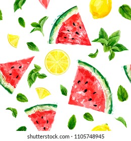 Seamless pattern with slices of watermelon, lemon and meant leaves on white background. Summer concept. Vector watercolor. Top view