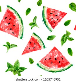 Seamless pattern with slices of watermelon and meant leaves on white background. Summer concept. Vector watercolor. Top view