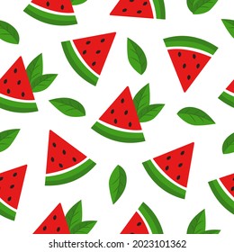 Seamless pattern with slices of watermelon and mint on a white background. Vector illustration