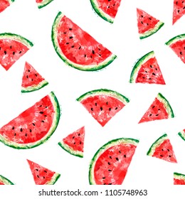 Seamless pattern with slices of watermelon on white background. Summer concept. Vector watercolor. Top view