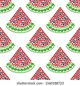Patrón inoxidable con trozos de sandía sobre fondo blanco. Beadwork, secuelas y rhinestonas. Ilustración vectorial cuadrada.