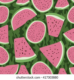 Seamless pattern with slices watermelon on the green background.
  
Slices watermelon on the green watermelon stripes background.