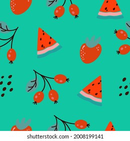 Seamless pattern with slices of watermelon, strawberries and wild berries. Cartoon on a green background. Endless print with fruity texture. Fabric design, wallpaper. Vector, flat style.