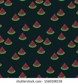Seamless pattern with slices of watermelon. Vector illustration. Bead and rhinestone embroidery.