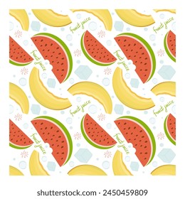 Seamless pattern of slices of wet melon and sweet watermelon with ice cubes. Isolated on white background. Summer time. Pattern for fabric, paper, textiles and much more. Vector illustration.