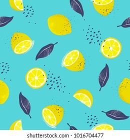 Seamless pattern with slices and whole lemons. Vector illustration.