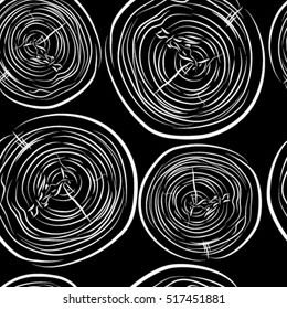 Seamless pattern of slices of wood with a pattern of red wavy rings on a black background, vector sketch