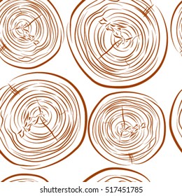 Seamless pattern of slices of wood with a pattern of wavy brown rings and wood grain, sketch vector