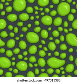 Seamless pattern of slime drops. Vector abstract illustration with green liquid blobs, splatters and paint stain on grey. Halloween background