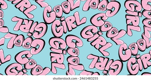 Seamless pattern with slogan Cool girl. Girlish ornament typography graphics for sport and fashion textile, girl clothes, wrapping paper.