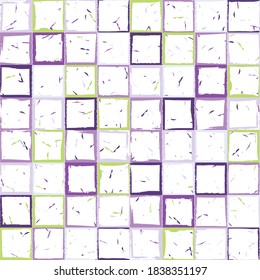Seamless pattern. Sloppy checkered texture. Purple, violet, lilac, green, white.
