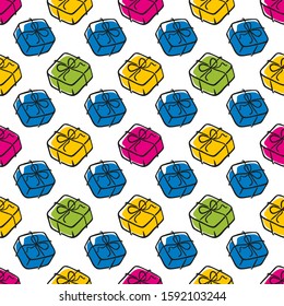 Seamless pattern with sloppy hand drawn colored gift boxes