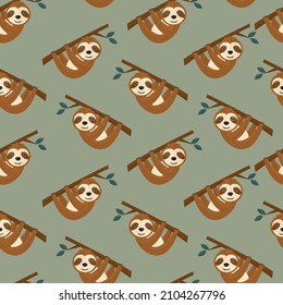 seamless pattern sloth animal jungle on green background vector wallpaper textile giftwrap