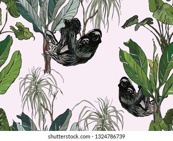 Seamless Pattern Sloth with Baby in Green Banana Tree with Leaves Plant Green