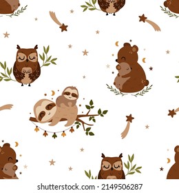 seamless pattern with sloth and bear