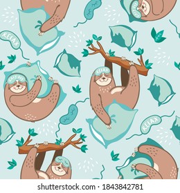 Seamless pattern of sloth bears in sleep masks with pillows. Vector illustrations of sleepy sloths, pillows, branches and leaves in cartoon style. Children's design for printing on textiles, paper.