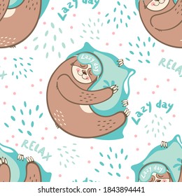 Seamless pattern of sloth bears sleeping on pillows. Vector illustration of sleepy sloths wearing sleep masks in cartoon style. Children's design for printing on textiles, paper, packaging, wallpaper.