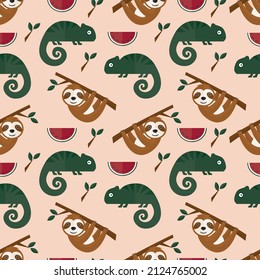 seamless pattern sloth chameleon lizard animal jungle watermelon fruit on pink background vector wallpaper textile giftwrap